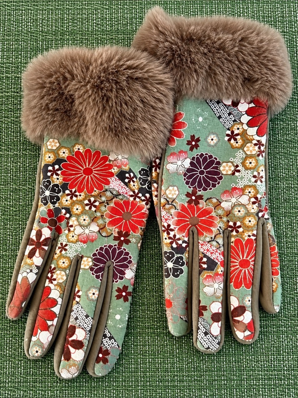 Floral Kaleidoscope  Gloves with Faux Fur Trim